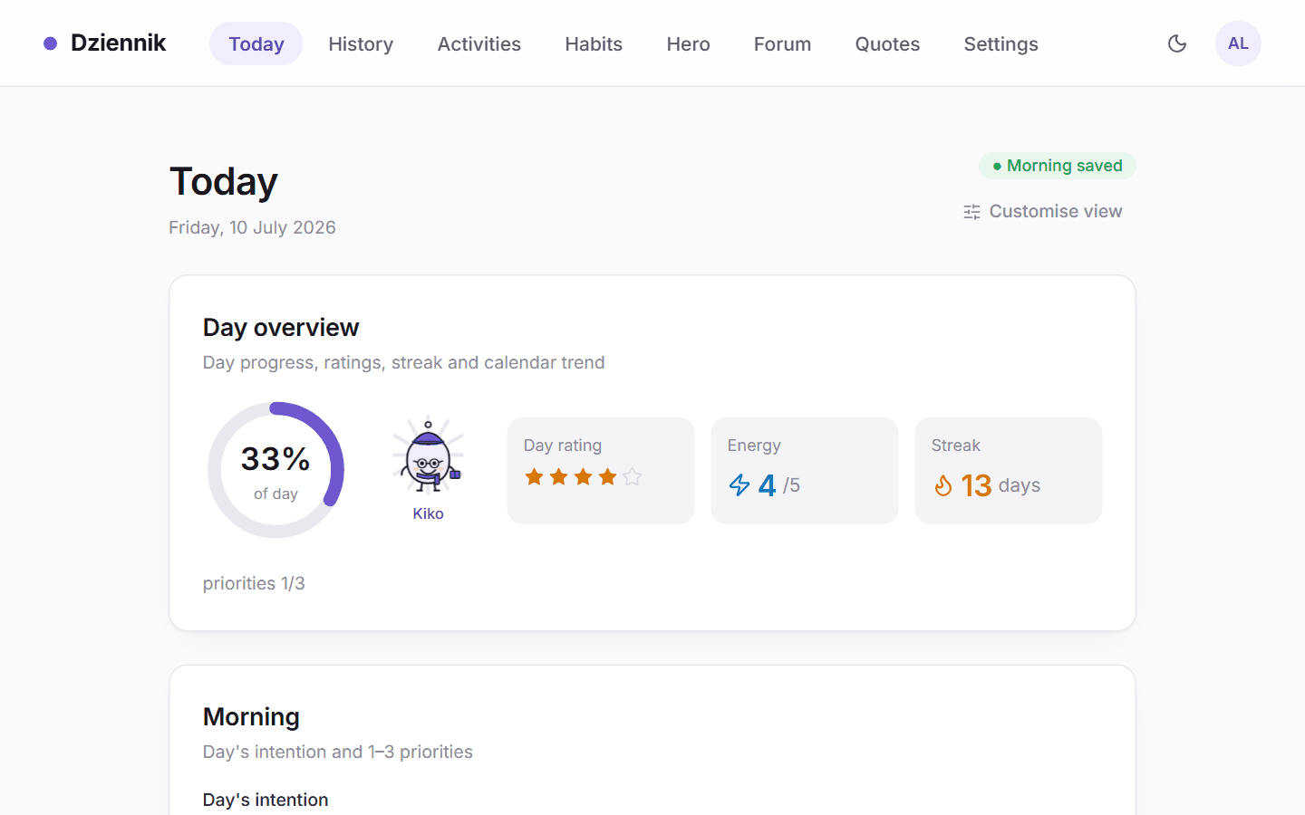 The daily dashboard: day progress, rating, energy, a 13-day streak and the morning intention.